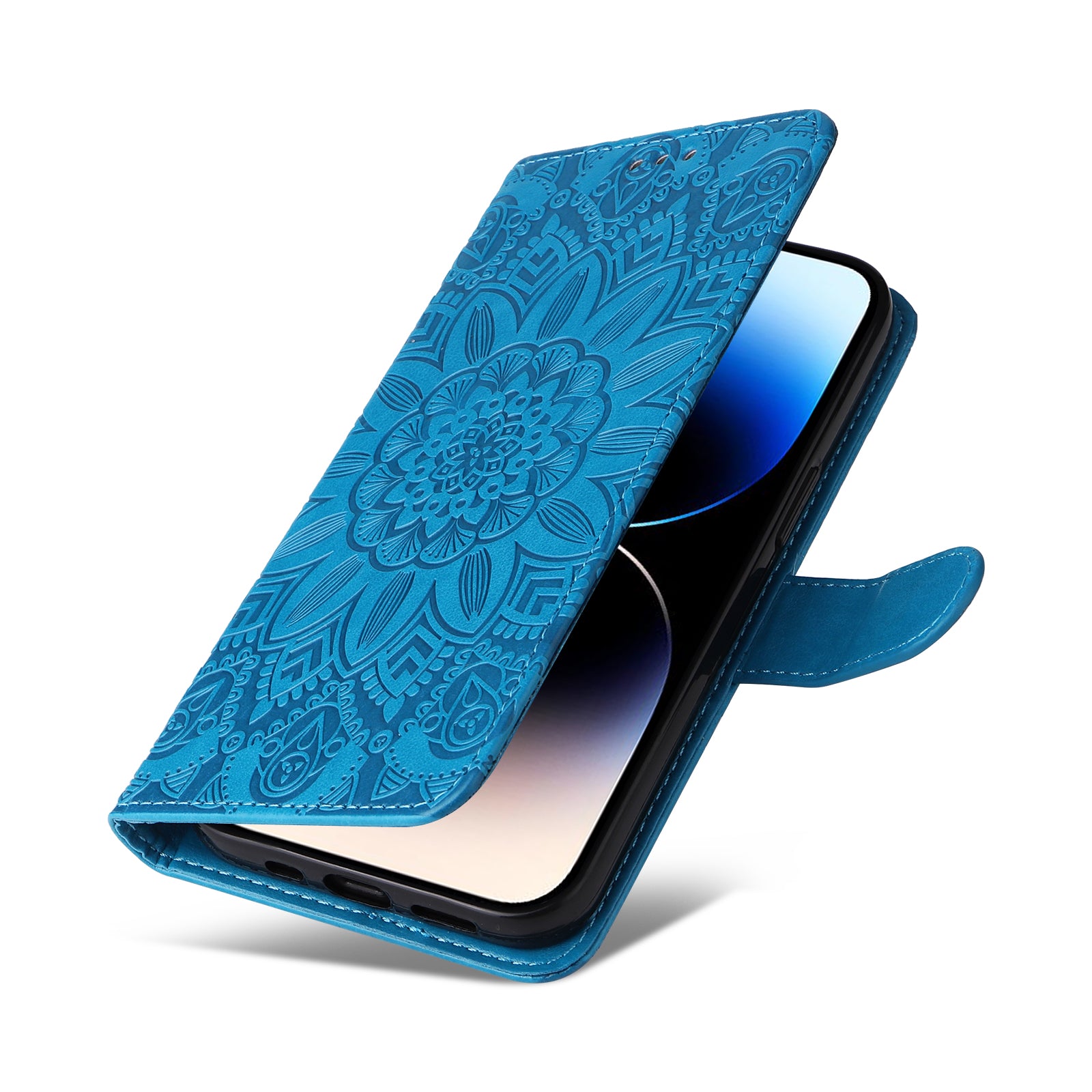 Uniqkart for iPhone 15 Pro Max Phone Stand PU Leather Cover Shockproof Sunflower Imprinted Wallet Case - Blue Uniqkart for iPhone 15 Pro Max Phone Stand PU Leather Cover Shockproof Sunflower Imprinted Wallet Case - Blue